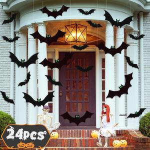 24 PCS Hanging Bats Halloween Decorations Outdoor, Bat Decor Indoor for Yard, Tree, Wall, Plastic Decoration with Glowing Eyes Sticker, Outside Party Home Decorations, black