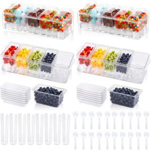 LemonRoad 4 Set Clear Ice Cream Toppings Containers with Forks, Clip Pet, Condiment Tray, Includes Forks, Clips, Server for Home Party Celebration Bar Garnish Holder Salad Bar Accessories