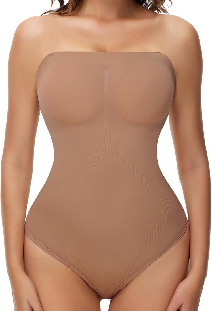 Women's Strapless Shapewear Bodysuit Seamless Tummy Control Triangle Body Shaper Removable Straps Summer Tube Tops (Beige, S)