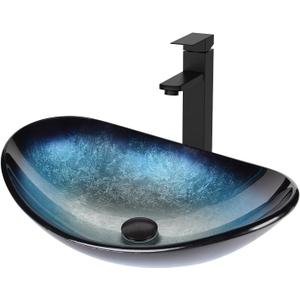 Bathroom Boat Shape Artistic Glass Vessel Sink Free Black Faucet and Pop-up Drain Set, Blue, 21x13.4 inches