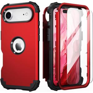 IDweel for iPhone Air Case with Screen Protector, for iPhone 17 Air Case 3 in 1 Shockproof Slim Fit Hybrid Heavy Duty Hard PC Cover Soft Silicone Bumper Full Body Anti-Fingerprint Case, Red