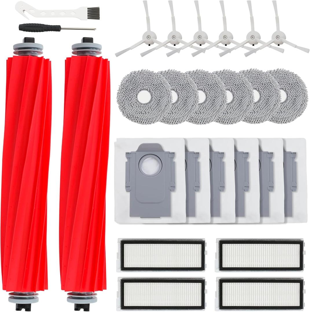26 PCS Accessories Kit for Roborock Qrevo S/Qrevo Plus/Qrevo Pro/Qrevo MaxV Vacuum Replacement Parts, 2 Main Brushes 6 Dust Bags 6 Mop Cloths 6 Side Brushes 4 Filters 1 Cleaning Brush 1 Screwdriver