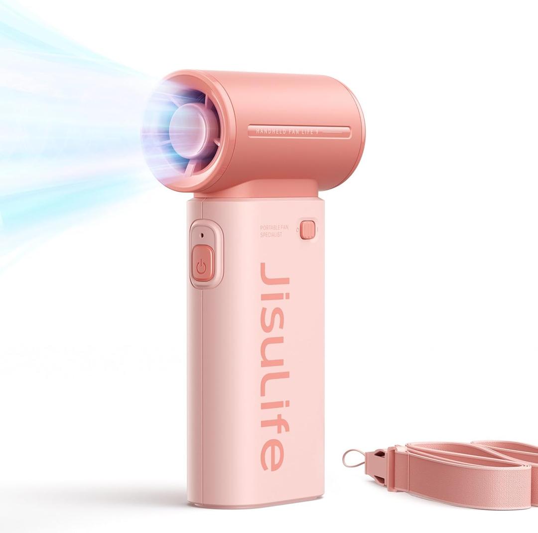JISULIFE Portable Handheld Fan Life9, Turbo Power High Speed Air [18H Max Cooling Time], 5 Gear Wind, 5000mAh Rechargeable, Mini Pocket Design, Personal Fan for Travel Concerts Cruise Makeup - Pink