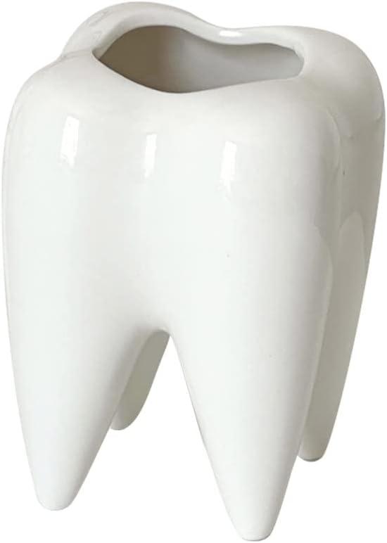 Tooth-Shaped Toothbrush Holder, Ceramic Toothbrush Holder Storage, Personalized Decoration, Tooth Brush Holder, Creative Birthday Gift, Desktop, Office Desk Decoration (White)