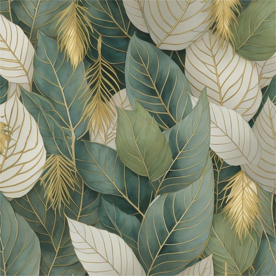 Watercolor Green Yellow Gold Leaf Modern Mosaic Peel and Stick Wallpaper Contact Paper Vintage Vinyl Stick on Wall Paper for Bedroom Bathroom Kitchen Cabinet Renter Friendly (17.7" x 118")