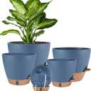 Self Watering Pots for Inoor Ourdoor Plants 10/9/8/7/6.5 Inch Plastic Planters with Drainage Holes & Water Level Indicator, Decorative House Flower Nursery Planting Pots with Saucers (Navy Blue)