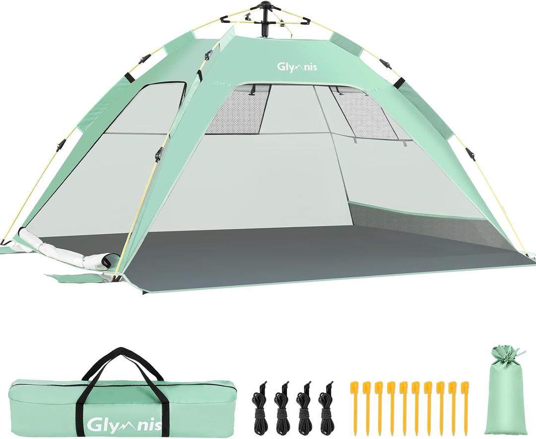 Glymnis Pop Up Beach Tent Sun Shade Shelter for 3-4 Person with UPF 50+, Lightweight & Easy Setup, Vent Windows & Zippered Door, Extended Floor Family Instant Beach Tent, 84.6 x 66.9 x 45.2"