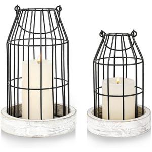 Rustic Wire Metal Cloche Set of 2 Candle Lantern Decorative Indoor Outdoor Vintage Cage Candle Holders Modern Farmhouse Decor for Fireplace Mantle Entryway Living Room Kitchen Dining Table Centerpiece
