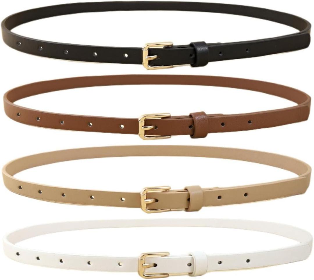 HOTWILL 4 Pack Women Skinny Belts for Jeans Dress Thin Waist Belt for Ladies with Gold Buckle 0.55" Width (Medium: fits waist from 28"-32", C_black+beige+brown+white)