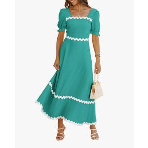 BTFBM Women's 2024 Summer Square Neck Short Puff Sleeve Dress Casual Tie Back Smocked A Line Flowy Maxi Dresses S