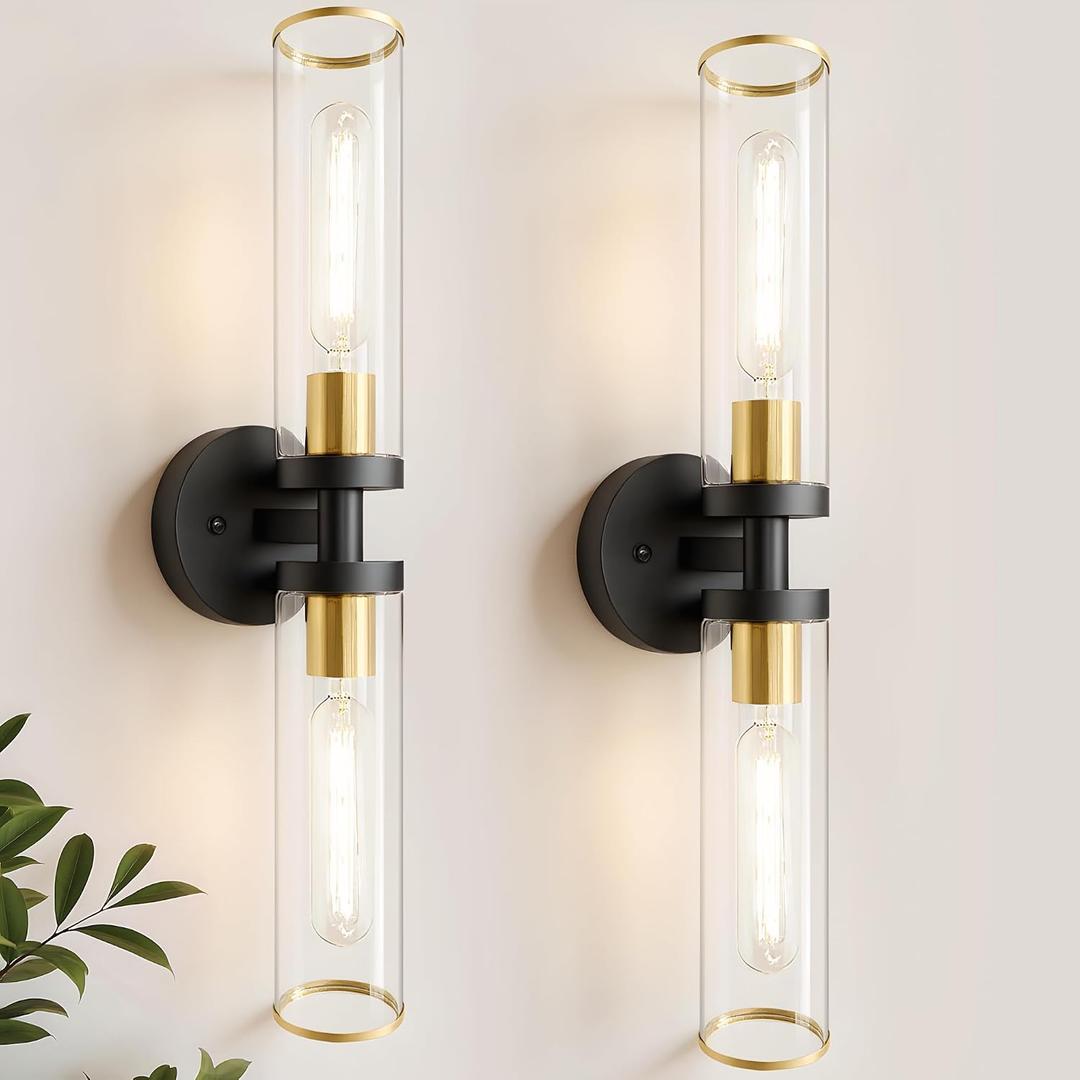 Wall Sconces Set of Two, Black and Gold Bathroom Wall Sconces with Clear Glass,Hardwired Modern Sconces Wall Decor Set of 2 Wall Light for Bathroom Mirror Bedroom Living Room Hallway Vanity