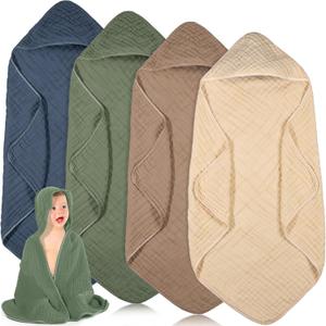 Peryiter 4 Pcs Muslin Hooded Baby Towels 32 x 32 Inch Cotton Newborn Bath Essentials Muslin Infant Blankets Absorbent Registry Gifts for Girl Boy Kids Baby Shower (Green)