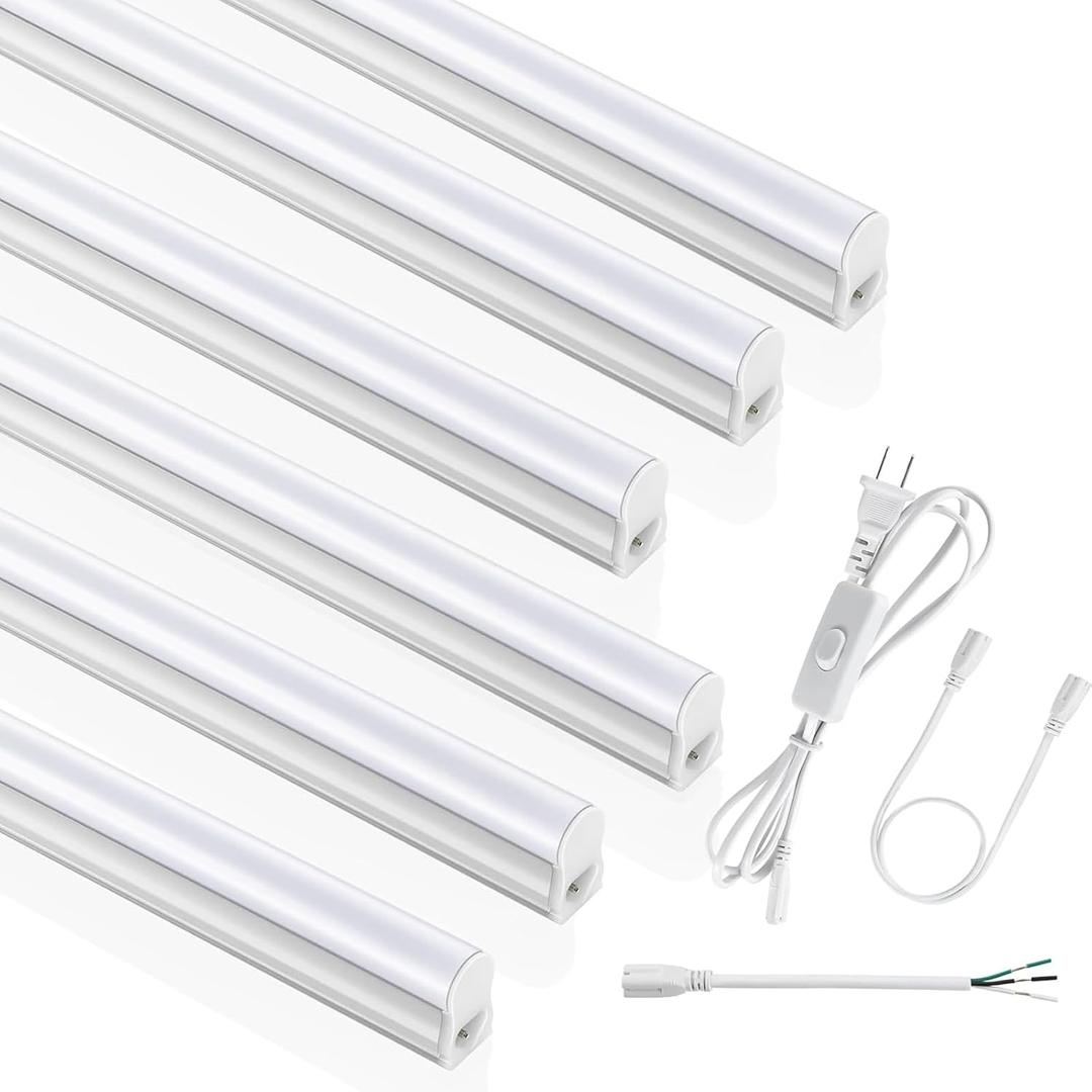 (6 Pack) 4FT T5 LED Integrated Fixture, 6500K,20W,2300LM(Super Bright White) Linkable LED Shop Light,Garage Ceiling and Cabinet Light,Strip Light,Corded Electric with ON/Off Switch