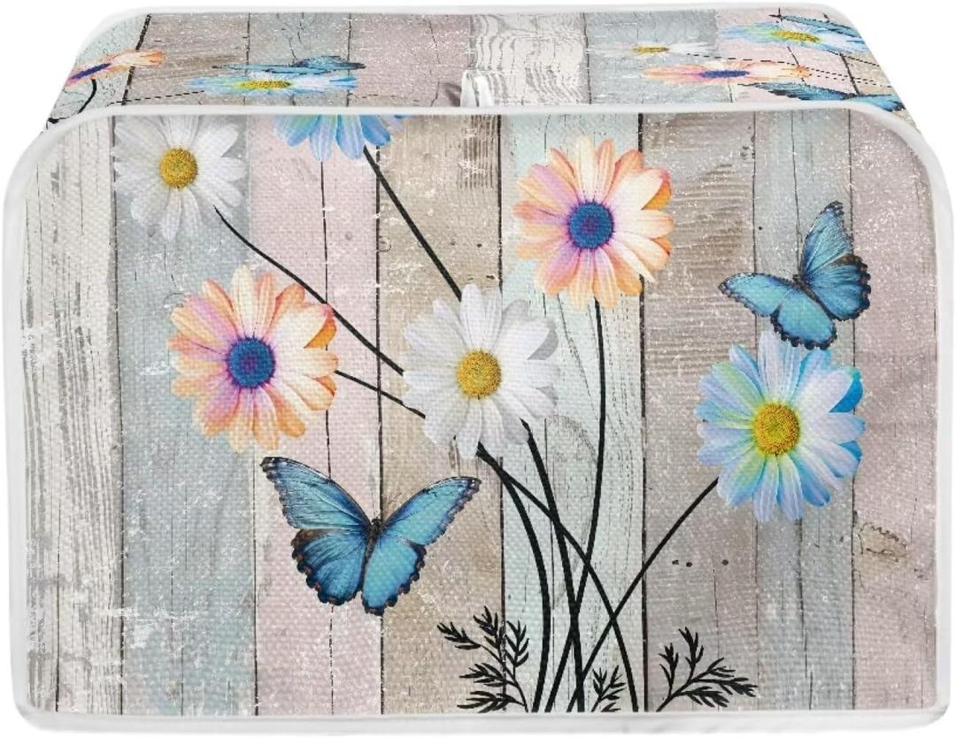 Salabomia Butterfly Daisy 2 Slice Toaster Covers for Kitchen, Wood Print Small Bread Maker Cover Washable Bread Toaster Cover Dust Greasy Protection, Decorative and Anti-Scratch