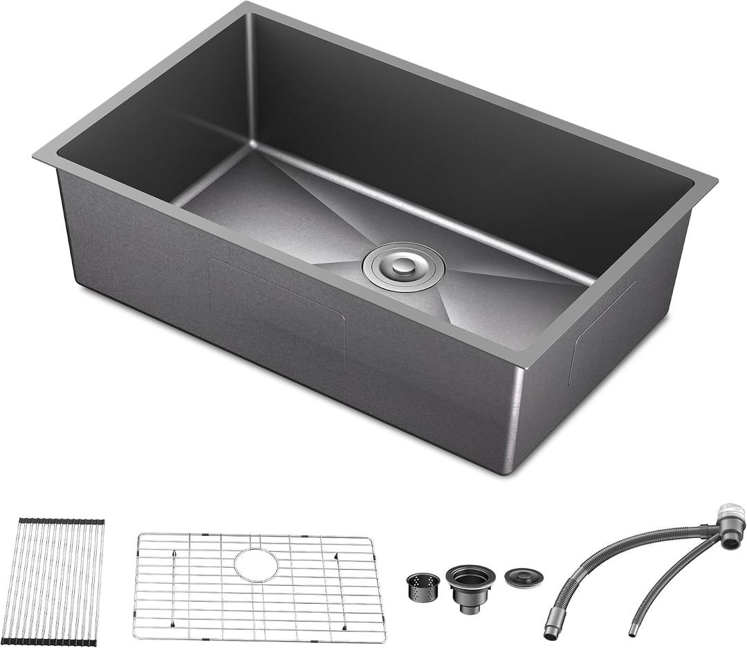 33 x 19 Inch Undermount Kitchen Sink, Black Stainless Steel Single Bowl