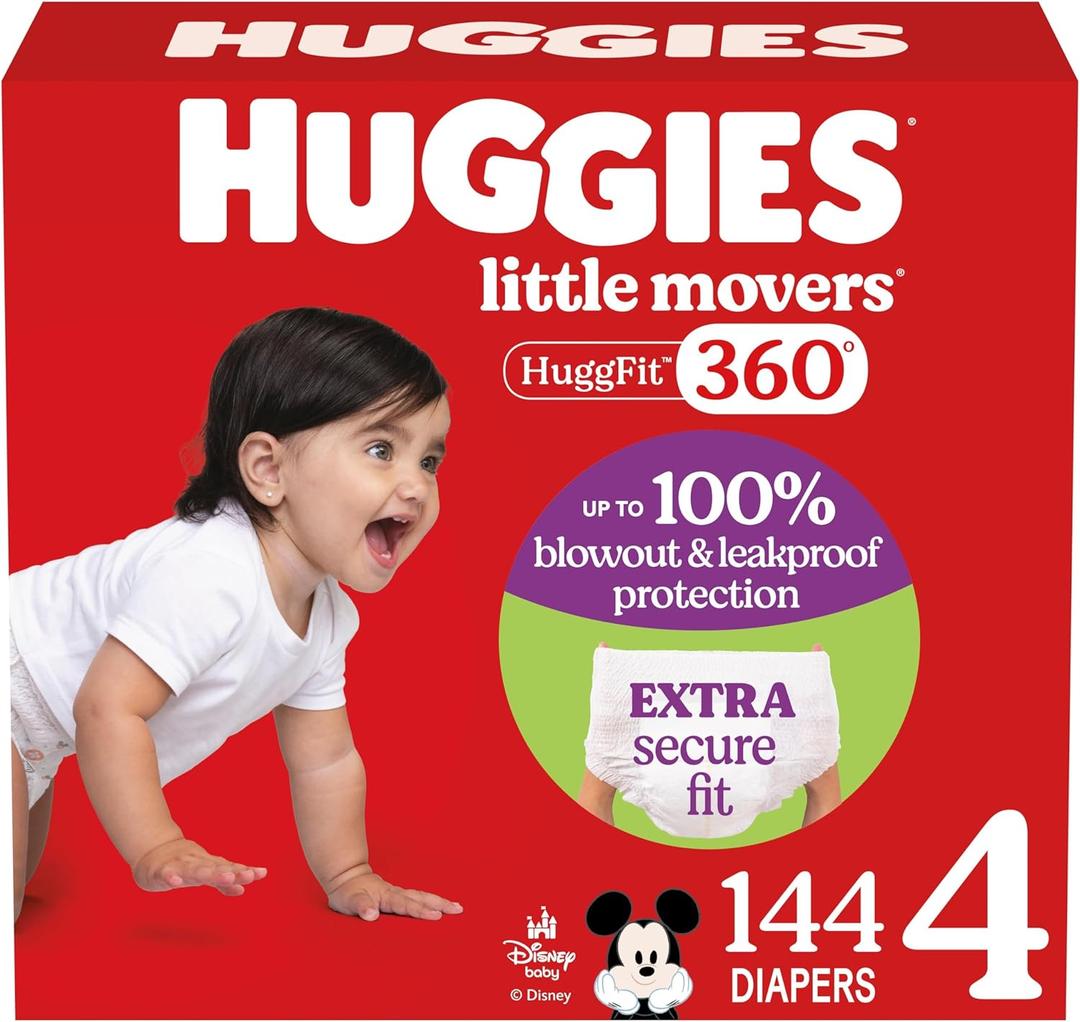 Huggies Size 4 Baby Diapers, Little Movers HuggFit 360 Baby Diapers with 360 Waistband, Size 4 (22-37 lbs), 144 Count, Packaging May Vary