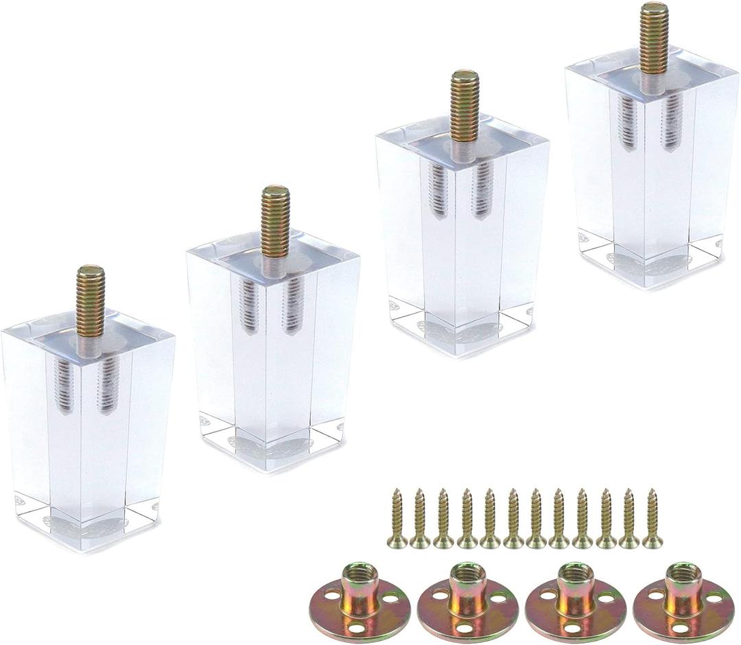 Mcredy Furniture Legs 3.15 Inches Modern Acrylic Table Couch Sofa Legs Transparent Furniture Feet with Mounting Hardware for Ottoman Bench Table Sofa Risers, 4 Packs, Type-2