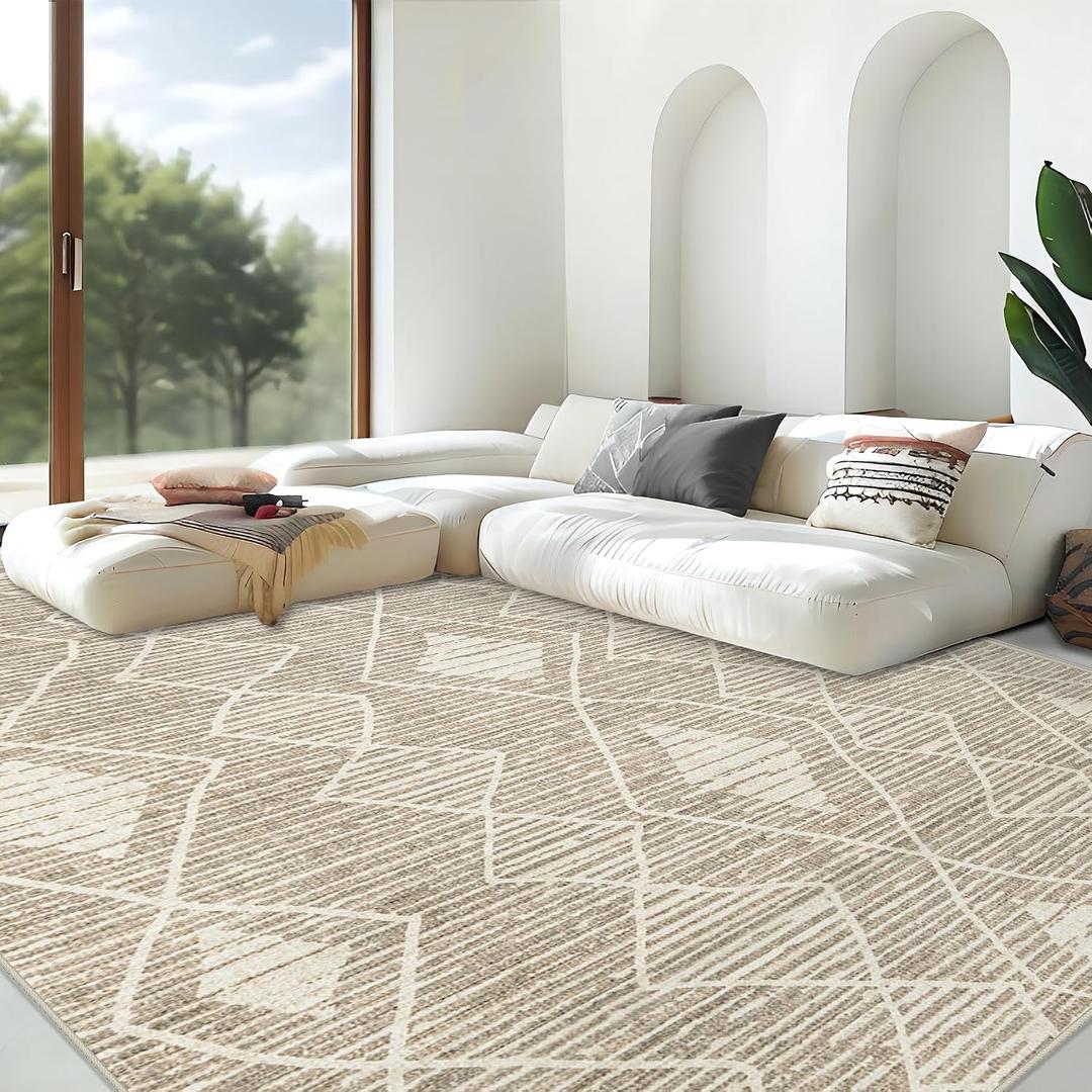 Area Rug for Living Room 9x12: Large Washable Boho Moroccan Rugs Geometric Neutral Rug, Non-Slip Foldable Modern Farmhouse Indoor Floor Carpet for Bedroom Dining Table Home(Cream Beige, 9'X12')