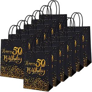MIMIND 24 Pieces Black Gold 50th Birthday Gift Bags Kraft Paper Bags Party Favor Bag Goodie Candy Bag for Birthday Wedding Party Supplies