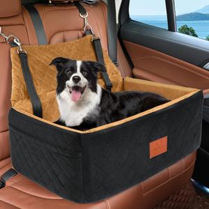 Dog Car Seat for Large Medium Dogs,Washable Pet Car Seat Under 55 lbs or 2 Small Dogs,Dog Booster Seat with Thick Cushion,2 Safety Leashes Travel Car Dog Bed (Black/Brown)