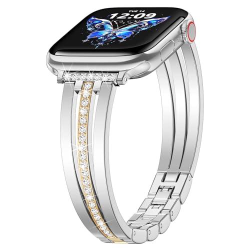 KOREDA Slim Gold Band Compatible for Apple Watch Band 38mm 40mm 41mm 42mm 44mm 45mm 46mm 49mm Series 11 10 9 8 7 SE Ultra Women, Thin Metal Dressy Jewelry Bracelet with Bling Diamond for iWatch Series 6/5/4/3/2/1
