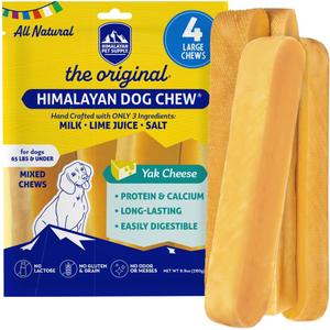 Himalayan Dog Chew Original Yak Cheese Dog Chews,100% Natural, Long Lasting, Gluten Free, Healthy & Safe Canine Treats, Lactose & Grain Free, Protein Rich, Mixed Sizes, Dogs 65 Lbs & Smaller, 4 Count,BBD 06/02/2030