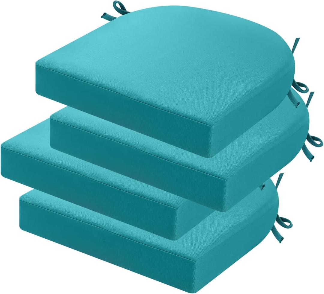 idee-home Outdoor Chair Cushions Set of 4, Thick 19" x 19" x 2" Outdoor Seat Cushions Patio Furniture Waterproof with Ties, Dining Pads (A Peacock Blue)