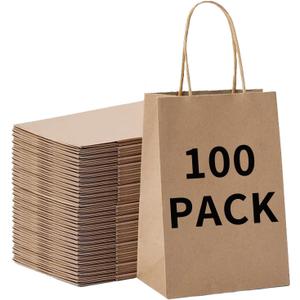 BAG BOX 100 Pcs Medium 8.25x4.3x10.6 Inch Brown Kraft Paper Gift Bags with Handles for Bulk Wedding, Party Favors, Grocery, Shopping, Retail Merchandise, Gift Sacks