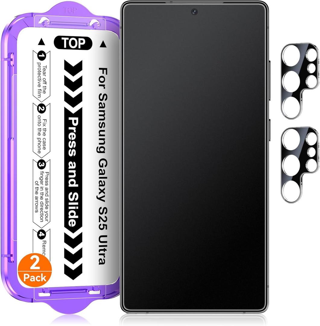 2 Pack for Samsung Galaxy S25 Ultra [6.9 Inch] Matte Glass Screen Protector + 2 Pack Camera Lens Protector with Easy Installation Kit, Anti-Glare Tempered Glass Film