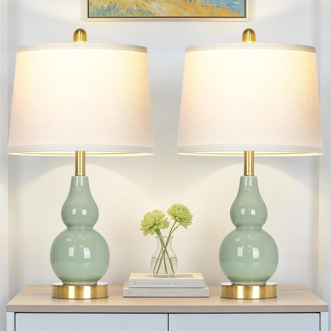 25" Green Double Gourd Ceramic Lamps Set of 2, Modern Ceramic Table Lamp for Living Room, Elegant Coastal Farmhouse Bedside Lamps for Bedroom Nightstand End Table Side Desk(2 LED Bulbs Included)