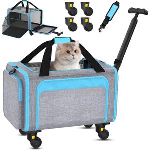 Rolling Pet Carrier with Detachable Wheels - 18x11x11 TSA Airline Approved for Southwest Delta United American, Soft Sided Expandable Travel Bag for Small Dogs & Cats up to 15Lbs, Fits Under Seat (Blue)