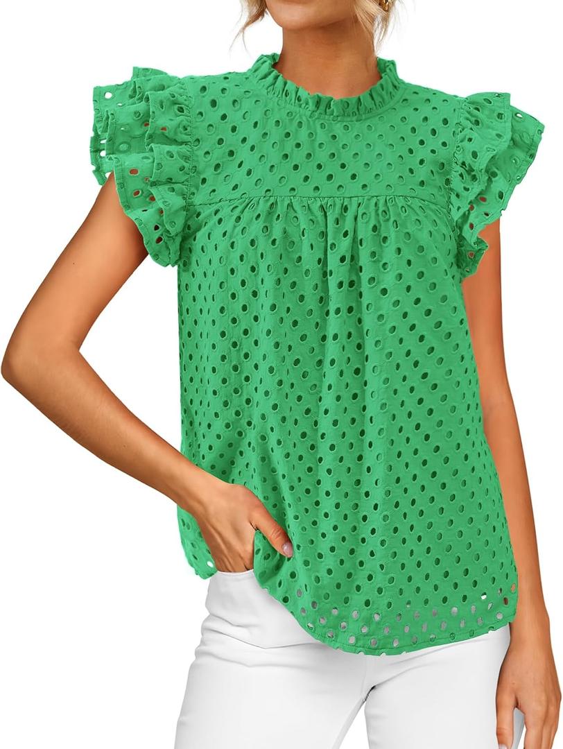 BTFBM Casual Summer Tops for Women 2026 Short Ruffle Sleeves Shirts Crew Neck Hollow Out Lace Embroidered Blouses (Small, Green)