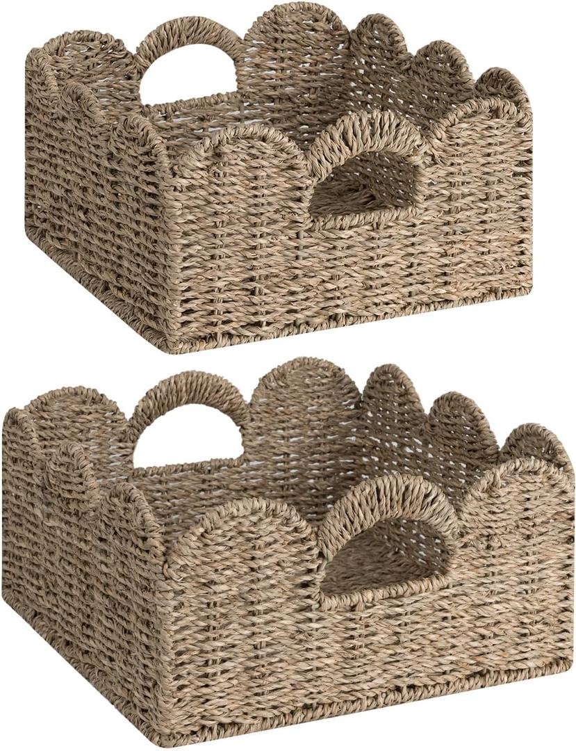 StorageWorks Scalloped Wicker Basket, Hand-woven Rattan Baskets with Built-in Handles, Seagrass Basket for Organizing and Decor, 2 Pack