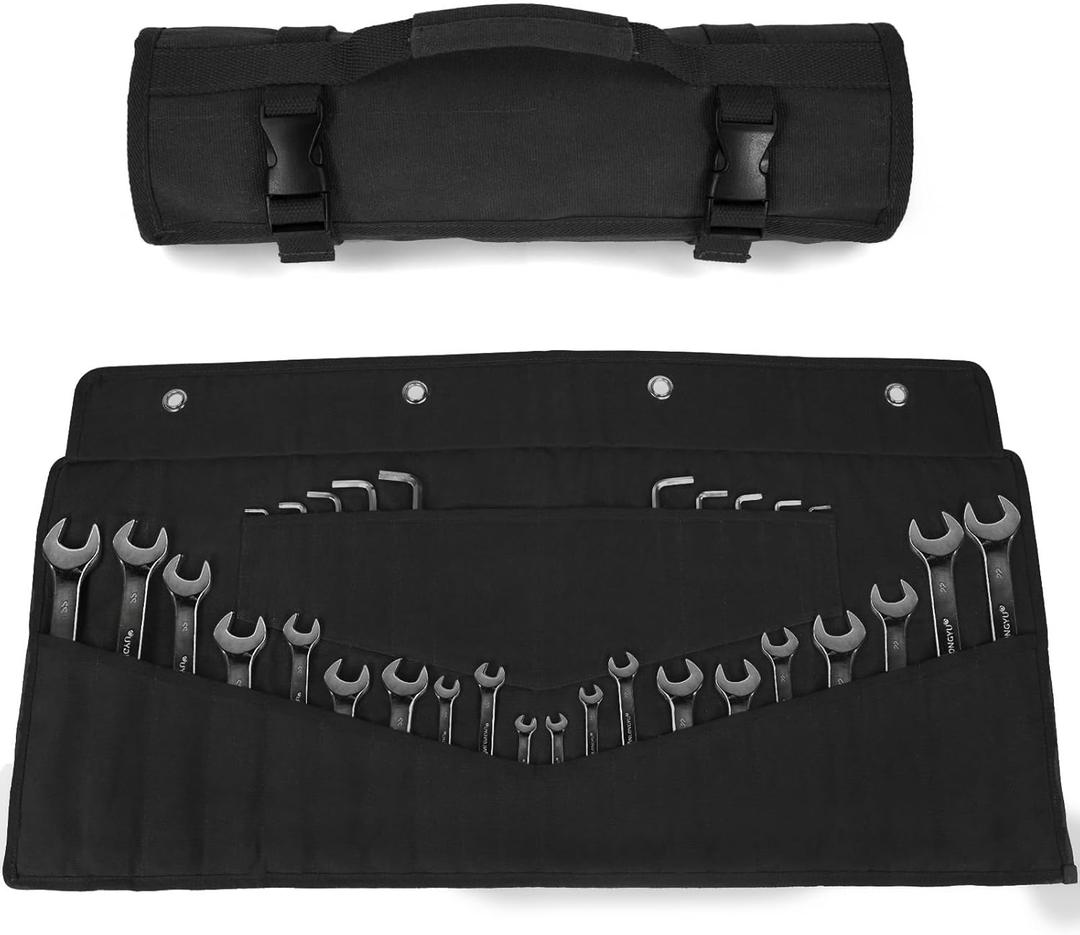 Wrench Roll 32 Pockets, Heavy-Duty 16 oz. Waxed Canvas Wrench Roll Up Bag Holds Wrench Wrap for Metric and SAE Wrenches, Wrench Pouch with Buckles and Handle, Sturdy Wrench Tool roll (Black)