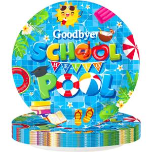 50Pcs Goodbye School Hello Pool Party Decorations Last Day of School's Pool Paper Plates 9" Disposable Summer Class End of School Year Party Decorations for Graduation Preschool Vacation Supplies