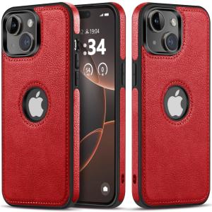 Classy Design Luxury Leather Phone Case for iPhone 14 Plus Non-Slip Grip Full Body Ultra Slim Protective Case (2022,6.7) (Red)