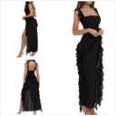 Womens High Slit Bodycon Maxi Dress Ruffle Flowy Sleeve Square Neck Midi Dress Party Dress (Black, L)