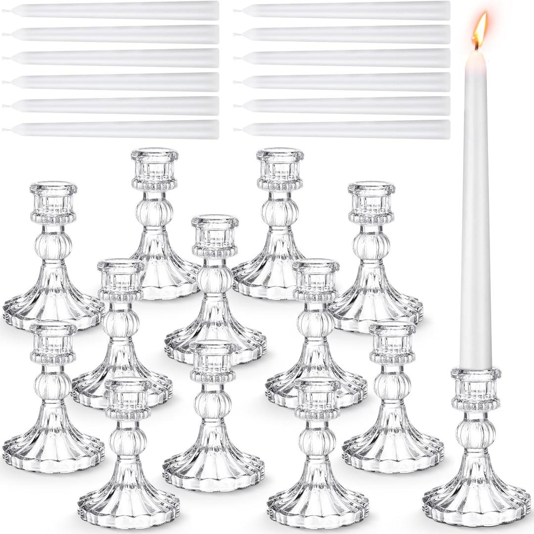 Suclain 24 Pcs Glass Taper Candle Holder Sets 12 Candlestick Holder with 12 White Long Candles for Wedding Party Decor Dinner Decoration(Clear) Suclain 24 Pcs Glass Taper Candle Holder Sets 12 Candlestick Holder with 12 White Long Candles for Wedding Party Decor Dinner Decoration(Clear)