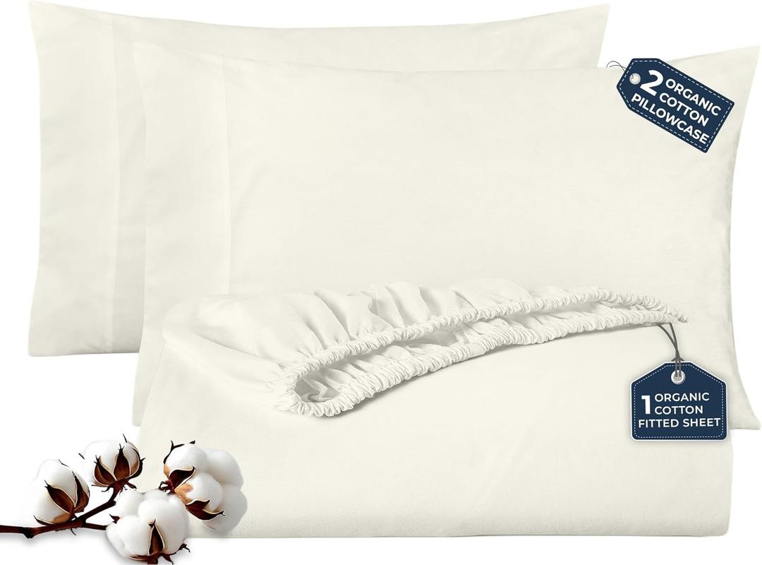 ROYALE LINENS Fitted Sheet with Pillowcases - Full Fitted Sheets with 2 Pillowcases - 300 Thread Count 100% Organic Cotton - Fits Mattress Up to 18" Deep - Soft & Breathable - Ivory (No Flat Sheet)