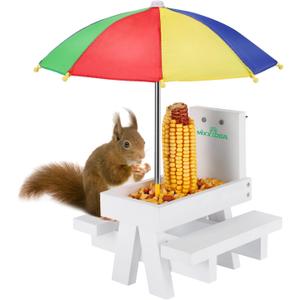 MIXXIDEA Squirrel Feeder Table with Umbrella, Wooden Squirrel Picnic Table Feeder, Sturdy Squirrel Feeder Corn Cob Holder, with Solid Structure and 2 x Thick Benches(Colorful)