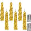 Funtery 6 Pcs LED Christmas Tree Flameless Taper Candles Real Wax Battery Operated Candlestick Lights with 3D Flame and Remote Timer Window Fireplace(Gold,Christmas Tree)