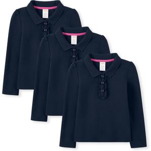 Gymboree Girls' and Toddler Long Sleeve Ruffle Polo Shirt Multipack (3T, Navy 3-pack)