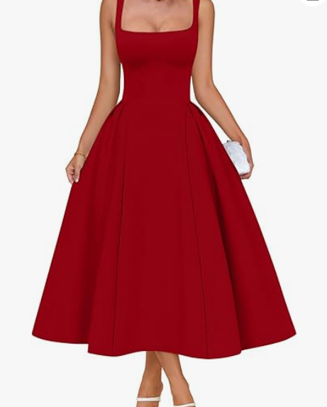 Memoriesea Women's Elegant Square Neck Swing A Line Wedding Evening Party Midi Dress, Red, Large