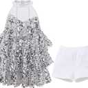 AFAVOM Girls Sequin Dance Outfit Sparkly Latin Hip Hop Jazz Dance Outfit Halter Mesh Ruffle Dress Top and Shorts Dancewear (Silver)