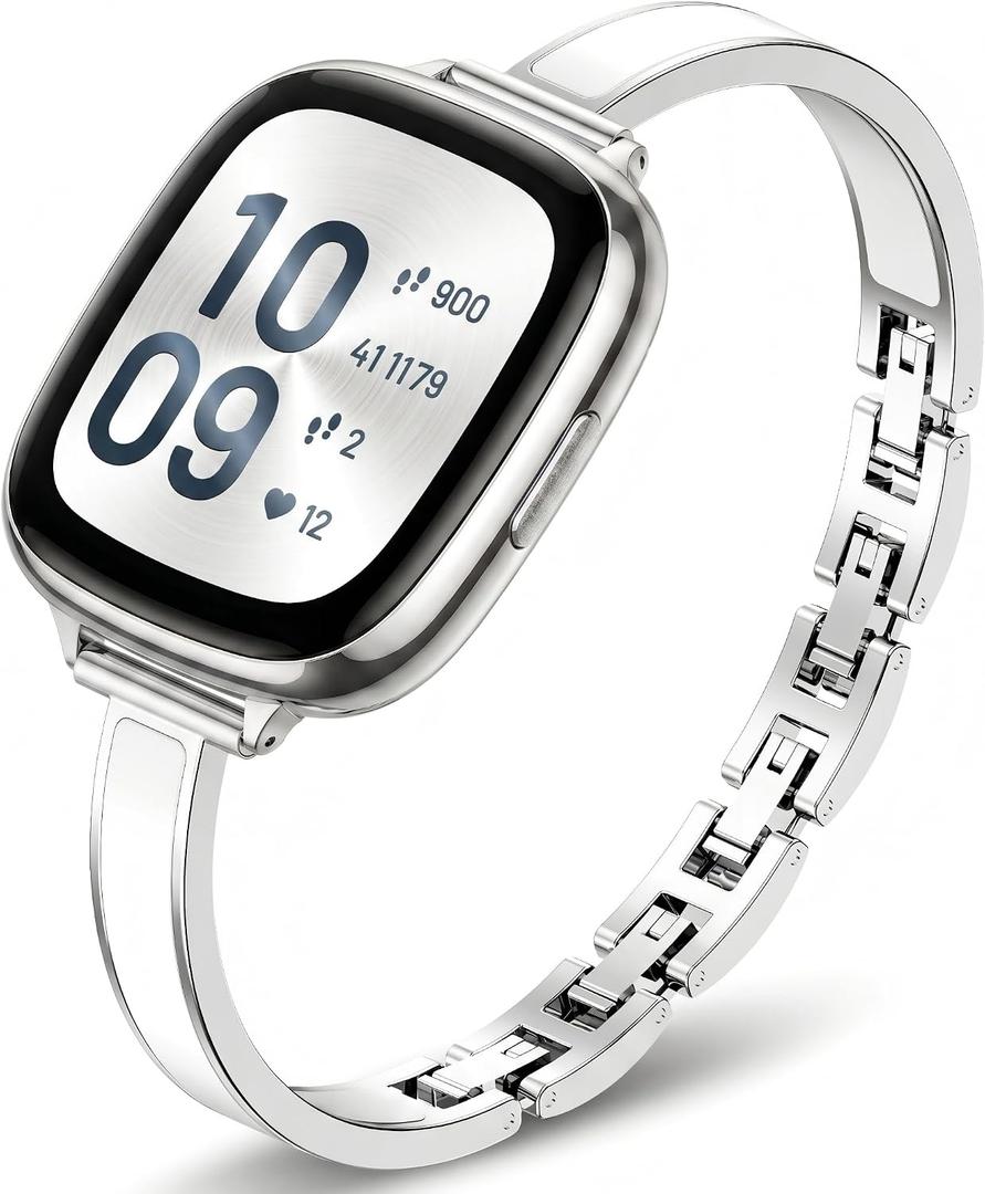Mosonio Slim Elegant Band Compatible with Fitbit Versa 4/Versa 3/Sense 2/Sense for Women, Dressy Metal Bands with Embedded Silicone Accents and Easy-adjust Link Clasps for Daily Wear