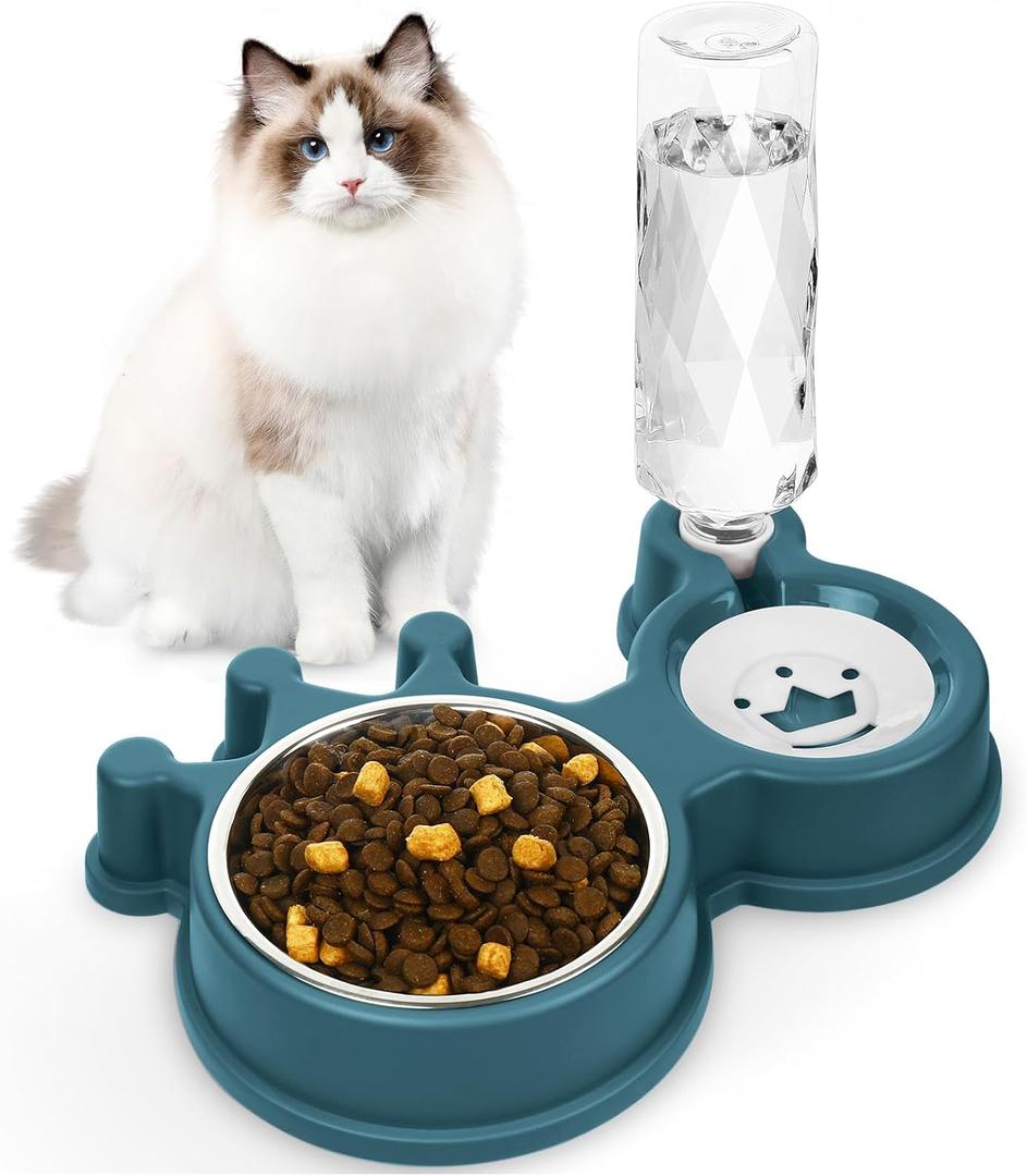 Cat Bowls, Dog Food and Water Bowl Set with Water Dispenser for Cats and Small Dogs (Blue)