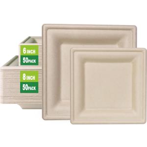 GreenWorks 6 inch and 8 inch Heavy-duty Compostable Plates (each 50 Count), 100 Count Bagasse and Bamboo Fiber Disposable Paper Plates