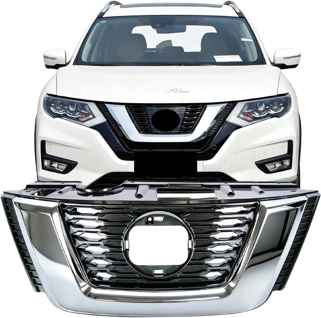 Front Bumper Upper Grille Compatible with 2018 2019 2020 Nissan Rogue Chrome & Black Horizontal Mesh ABS Radiator Grill Replacement Part Grille