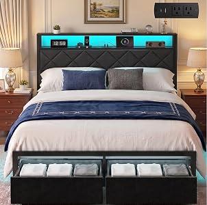 Petkulo Full Bed Frame with LED Lights, Charging Station & 2 Storage Drawers, Metal Platform with Upholstered Headboard, No Box Spring Needed, Easy Assembly