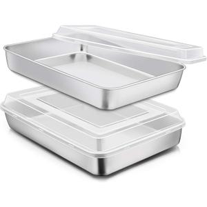 E-far Stainless Steel Baking Pan with Lid, 12⅓ x 9¾ x 2 Inch Rectangle Sheet Cake Pans with Covers Bakeware for Cakes Brownies Casseroles, Non-toxic & Healthy, Heavy Duty & Dishwasher Safe - Set of 2